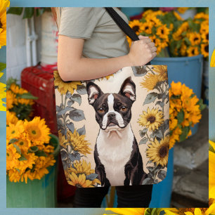 Schattigee Boston Terrier gele zonnebloemen Tote Bag