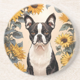 Schattigee Boston Terrier gele zonnebloemen Zandsteen Onderzetter