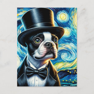 Schattigee Boston Terrier in een Tophat Van Gogh Briefkaart