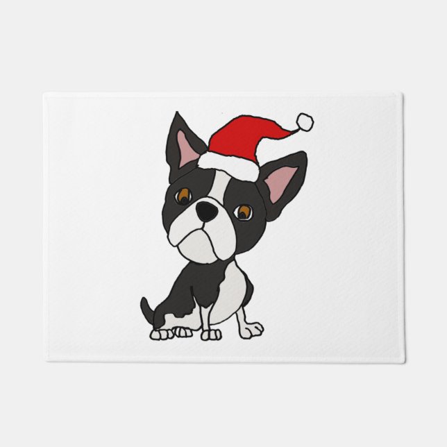 Schattigee Boston Terrier in Santa Hat Kerst Carto Deurmat (Voorkant)