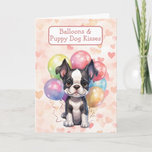 Schattigee Boston Terrier met Balloons Valentijn K Feestdagen Kaart (Voorkant)