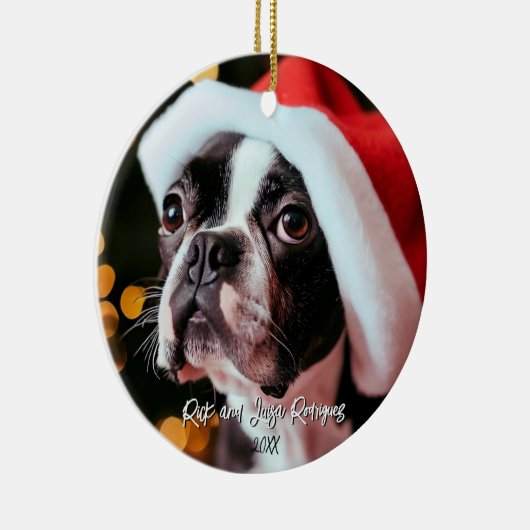 Schattigee Boston Terrier met oversized Santa Hat Keramisch Ornament (Rechts)