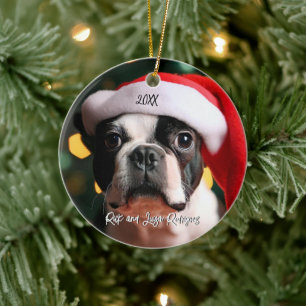 Schattigee Boston Terrier met Santa Hat Kerst Keramisch Ornament
