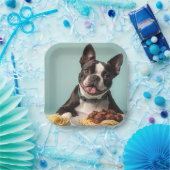 Schattigee Boston Terrier met Spaghetti Bolognaise Papieren Bordje (Feest)