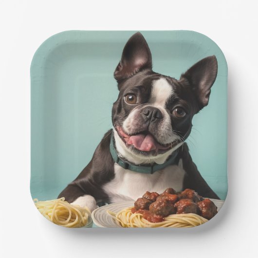 Schattigee Boston Terrier met Spaghetti Bolognaise Papieren Bordje (Voorkant)