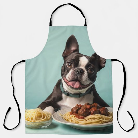 Schattigee Boston Terrier met Spaghetti Bolognaise Schort (Voorkant)