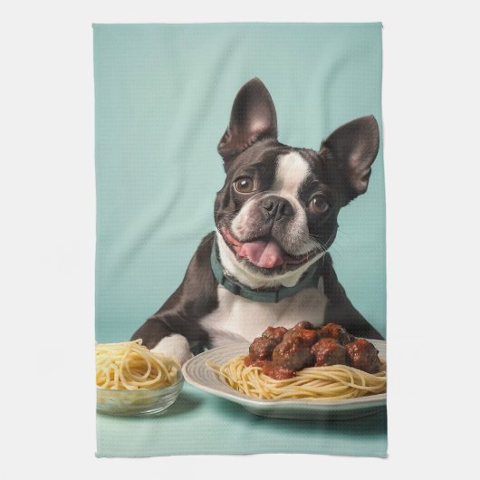 Schattigee Boston Terrier met Spaghetti Bolognaise Theedoek (Verticaal)