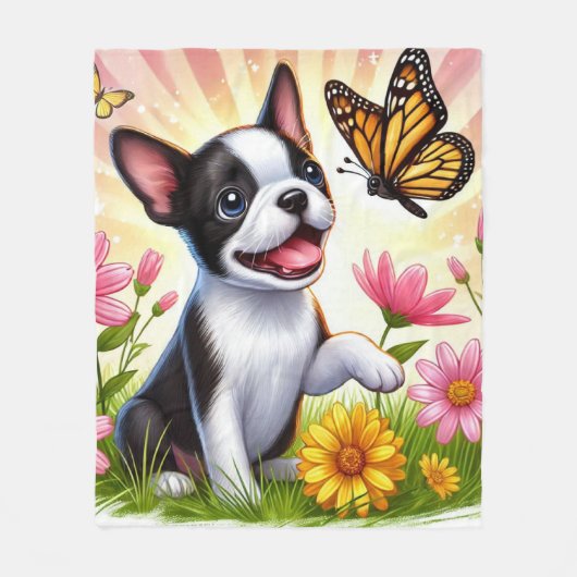 Schattigee Boston Terrier puppy spelen met vlinder Fleece Deken (Voorkant)