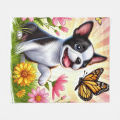 Schattigee Boston Terrier puppy spelen met vlinder Fleece Deken (Voorkant (Horizontaal))