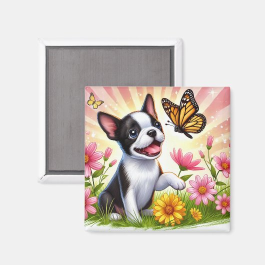Schattigee Boston Terrier puppy spelen met vlinder Magneet (Voorkant / Achterkant)