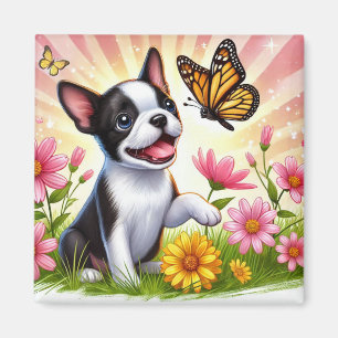 Schattigee Boston Terrier puppy spelen met vlinder Magneet