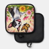 Schattigee Boston Terrier puppy spelen met vlinder Pannenlap (Voorkant / Achterkant)