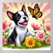 Schattigee Boston Terrier puppy spelen met vlinder Poster (Voorkant)