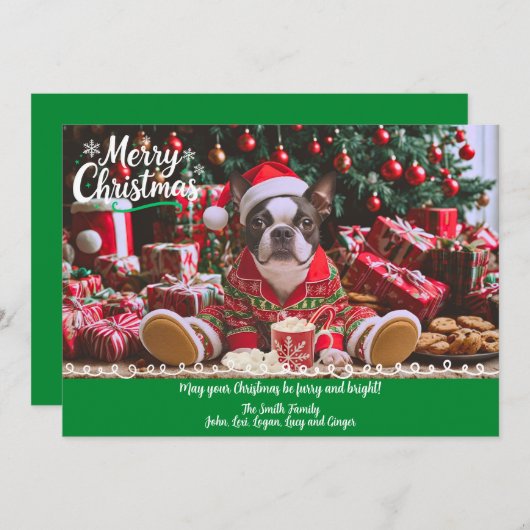 Schattigee Boston Terrier pyjama gepersonaliseerde Feestdagenkaart (Voorkant / Achterkant)
