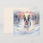 Schattigee bostonterriër in winterse sneeuwkerst feestdagenkaart (Voorkant / Achterkant)