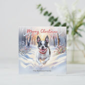 Schattigee bostonterriër in winterse sneeuwkerst feestdagenkaart (Staand voorkant)