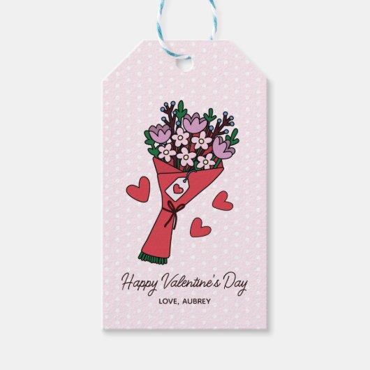 Schattigee bouquet harten polka dot Valentijnsdag Cadeaulabel (Voorkant)
