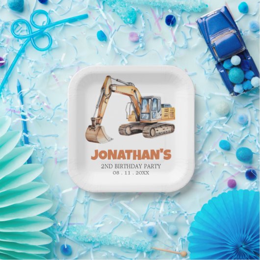 Schattigee Bouw Voertuig Graafmachine Verjaardagsf Papieren Bordje (Feest)