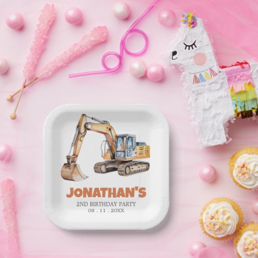 Schattigee Bouw Voertuig Graafmachine Verjaardagsf Papieren Bordje (Feest)