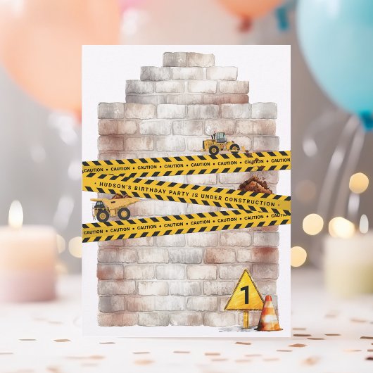 Schattigee bouwtrucks jongens 1e verjaardagsfeest kaart