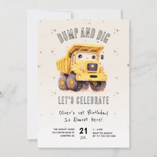 Schattigee Bouwvuilniswagen 1e Verjaardag Kaart (Voorkant)