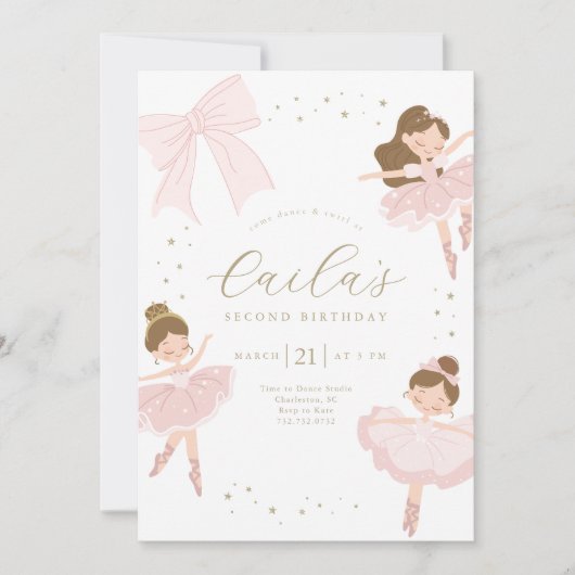 Schattigee Bow Ballerina Verjaardagsuitnodiging Kaart (Voorkant)
