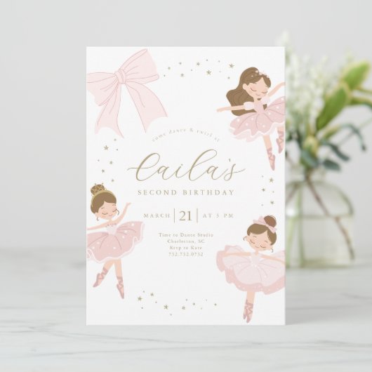 Schattigee Bow Ballerina Verjaardagsuitnodiging Kaart (Staand voorkant)