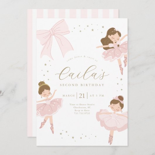 Schattigee Bow Ballerina Verjaardagsuitnodiging Kaart (Voorkant / Achterkant)