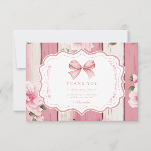 Schattigee Bow Bloemen Fancy Een Meisje 1e Verjaar Bedankkaart (Voorkant)