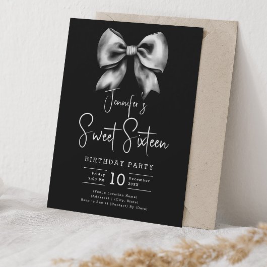 Schattigee Bow Coquette Script Sweet 16 Party Zwar Kaart