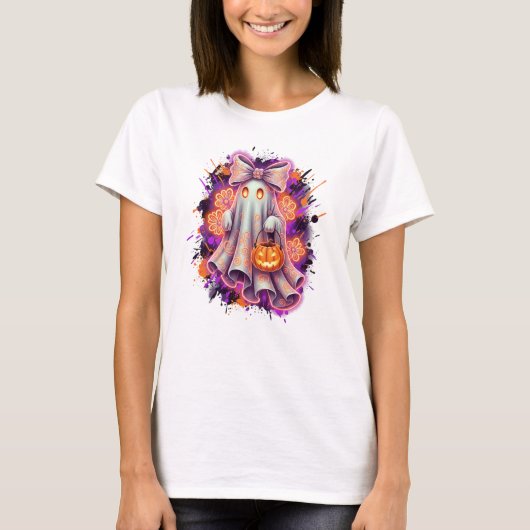 Schattigee Bow Ghost Pumpkin Halloween Shirt (Voorkant)