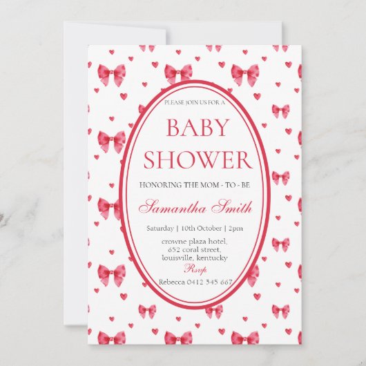 Schattigee Bow & hart Baby shower Uitnodiging (Voorkant)