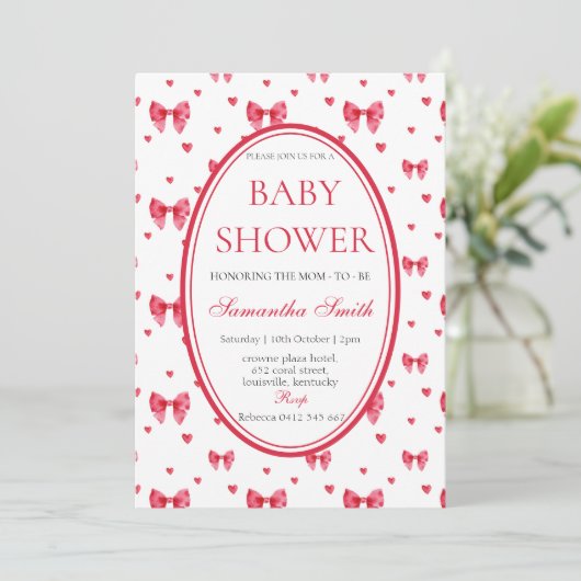 Schattigee Bow & hart Baby shower Uitnodiging (Staand voorkant)
