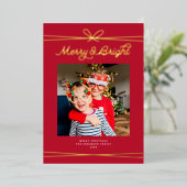 Schattigee Bow Merry & Bright Foto Rood + Goud Folie Feestdagenkaart (Staand Voorkant)