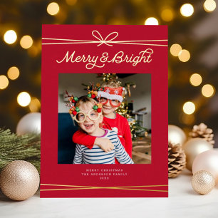 Schattigee Bow Merry & Bright Foto Rood + Goud Folie Feestdagenkaart