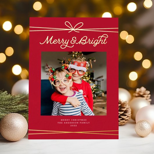 Schattigee Bow Merry & Bright Foto Rood + Goud Folie Feestdagenkaart