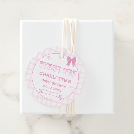Schattigee Bow Pastel Pink Gingham Baby shower Bedankjes Labels (In situ)