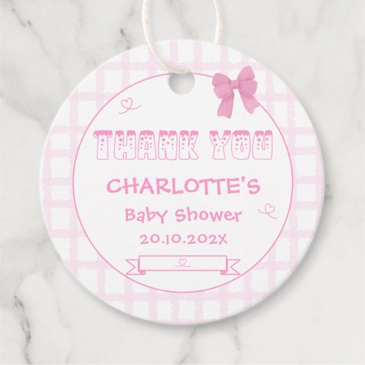 Schattigee Bow Pastel Pink Gingham Baby shower Bedankjes Labels (Voorkant)
