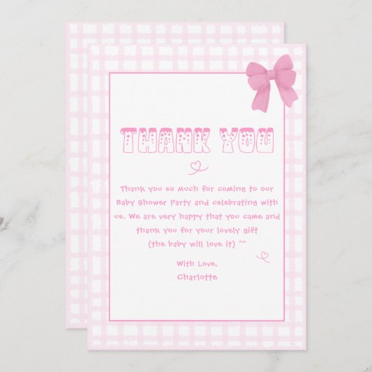 Schattigee Bow Pastel Pink Gingham Baby shower Bedankkaart (Voorkant / Achterkant)