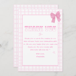 Schattigee Bow Pastel Pink Gingham Baby shower Bedankkaart