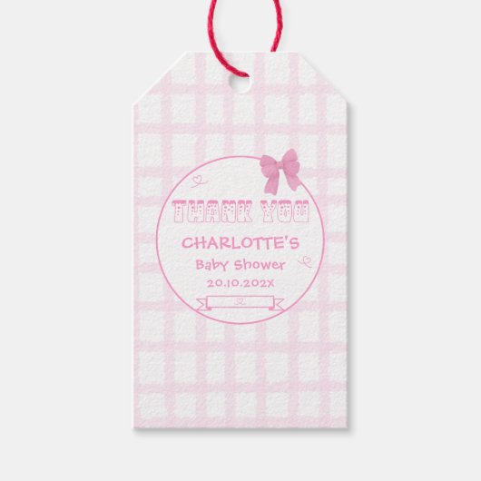 Schattigee Bow Pastel Pink Gingham Baby shower Cadeaulabel (Voorkant)