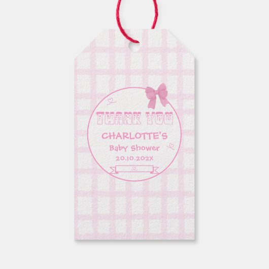 Schattigee Bow Pastel Pink Gingham Baby shower Cadeaulabel (Achterkant)
