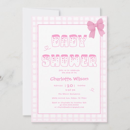 Schattigee Bow Pastel Pink Gingham Baby shower Kaart (Voorkant)