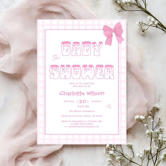 Schattigee Bow Pastel Pink Gingham Baby shower Kaart