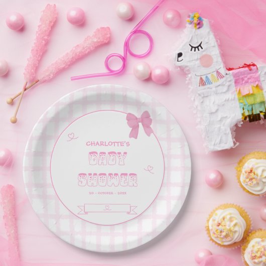 Schattigee Bow Pastel Pink Gingham Baby shower Papieren Bordje (Feest)