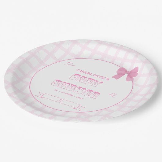 Schattigee Bow Pastel Pink Gingham Baby shower Papieren Bordje (Gekanteld)