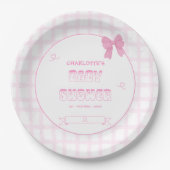 Schattigee Bow Pastel Pink Gingham Baby shower Papieren Bordje (Voorkant)