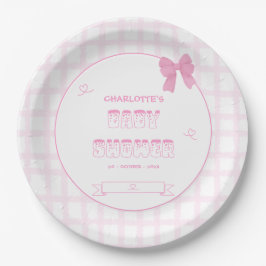 Schattigee Bow Pastel Pink Gingham Baby shower Papieren Bordje