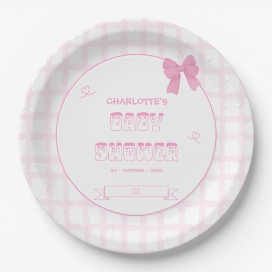 Schattigee Bow Pastel Pink Gingham Baby shower Papieren Bordje (Voorkant)