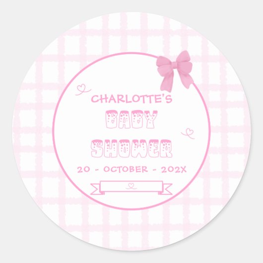 Schattigee Bow Pastel Pink Gingham Baby shower Ronde Sticker (Voorkant)